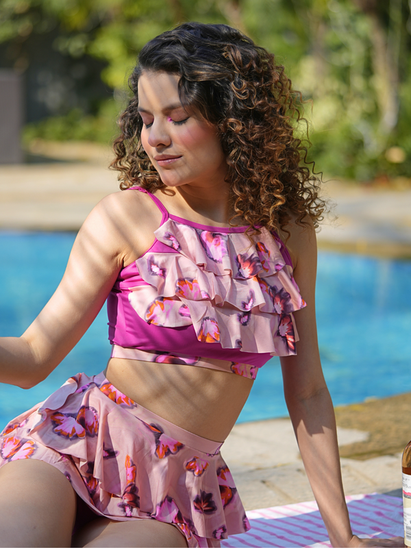 CUKOO Padded Pink Floral Skirtini Swimwear