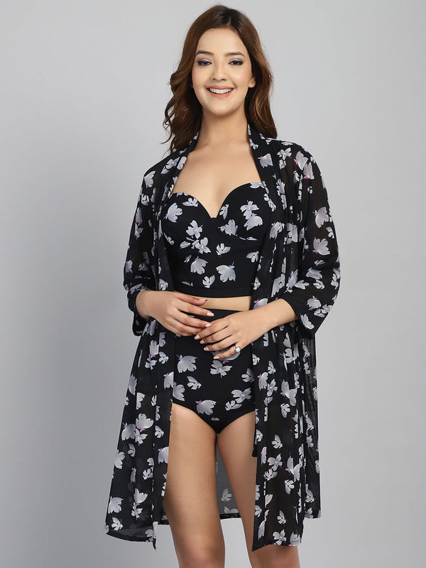 Padded Black Floral Print 3 pc Swim Set