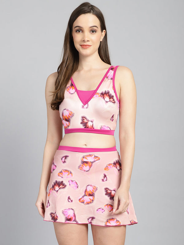 CUKOO Padded Pink Floral Skirtini Swimwear