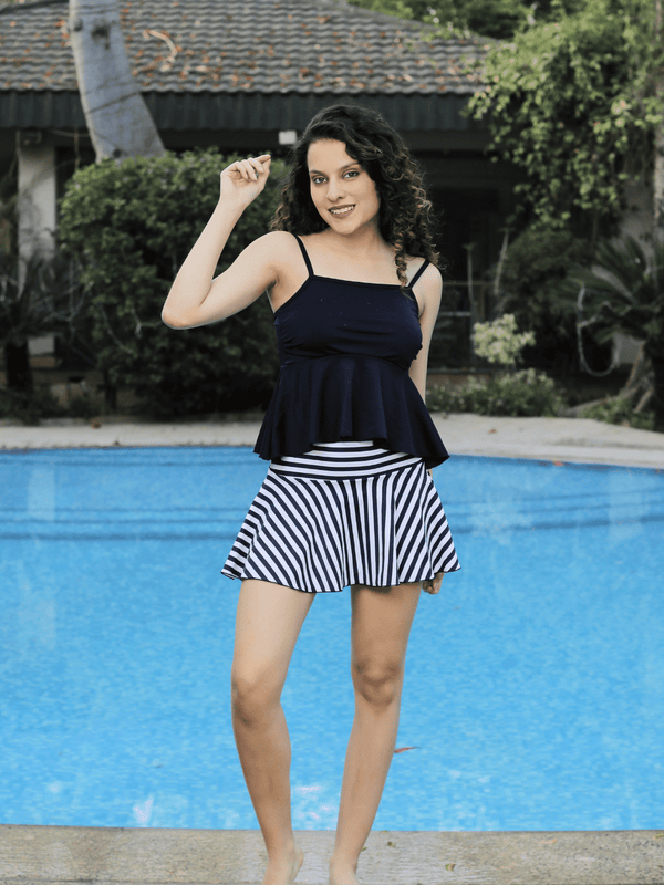 CUKOO Padded Stripes Printed Two piece Skirtini Swimwear