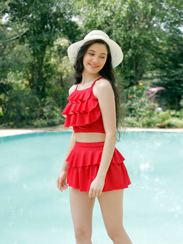 CUKOO Padded Red Two piece Skirtini Swimwear