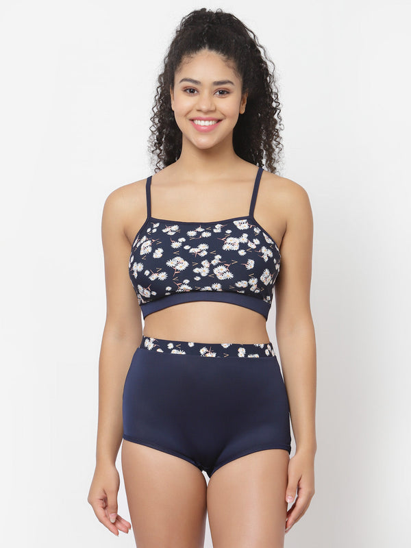 CUKOO Padded Floral Printed Blue Tankini